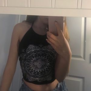 Black boho white printed summer crop top.